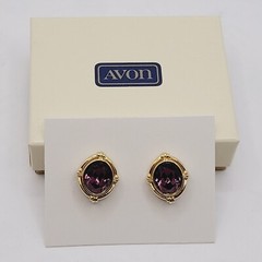 AVON Simulated Amethyst February Birthstone Gold Tone Pierced Earrings with Box