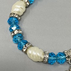 Blue Glass Beaded Bracelet Acrylic White Spacers Owl Bell Charm Stretch Elastic