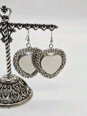 Heart Crystal Earring Silver Tone Pierced Dangle Couture Rhinestone 3D 2.5 in