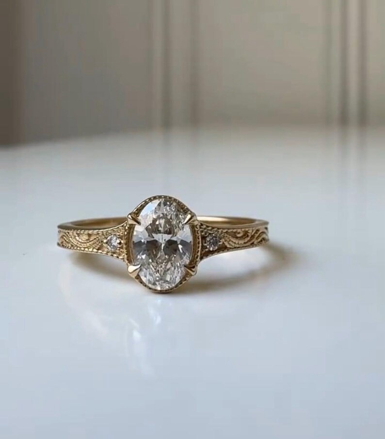 Victorian Style 2.0 Ct Oval Cut Moissanite Gemstone Decorative Engagement Ring