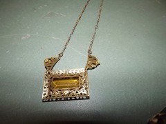 Vtg/Antique Art Deco Czech Filigree Necklace w/Amber Colored Stone
