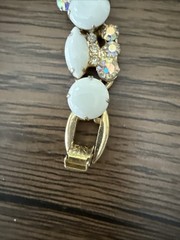 VTG JULIANA D&E Gold Tone Milk Glass AB & Clear Rhinestone Bracelet Borealis