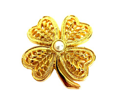 Vintage Four Leaf Clover Small Brooch Faux Pearl Gold Tone Open Work Signed AAI