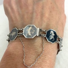 VTG Siam Sterling Silver 925 Niello Black Enamel Panel Bracelet 6.75″