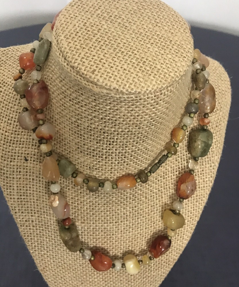 Vintage Necklace Boho Polished Glass Stone Rock Orange Green Tan Purple 30″