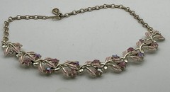Coro Necklace Mid-Century Gold Pink Leaves W/ Pink Rhinestone Flowers Choker
