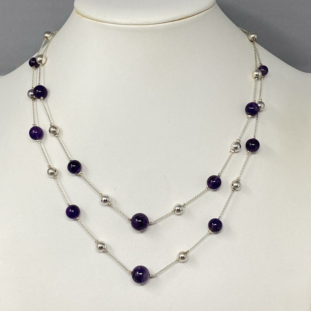 Amethyst Stone Beaded Necklace Silver Tone Chain Beads Double Strand Station 18″