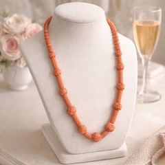 Art Deco Galalith Necklace Peach Orange Carved Beads 26” Opera Length