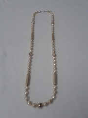 Vintage White Bead Gold Tone Bar Link Long Vintage Necklace 36 in Long
