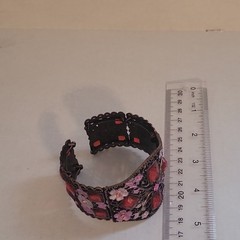 Vintage Style Wide Cuff Bracelet Bronze Tone Red Rhinestones Pink Floral