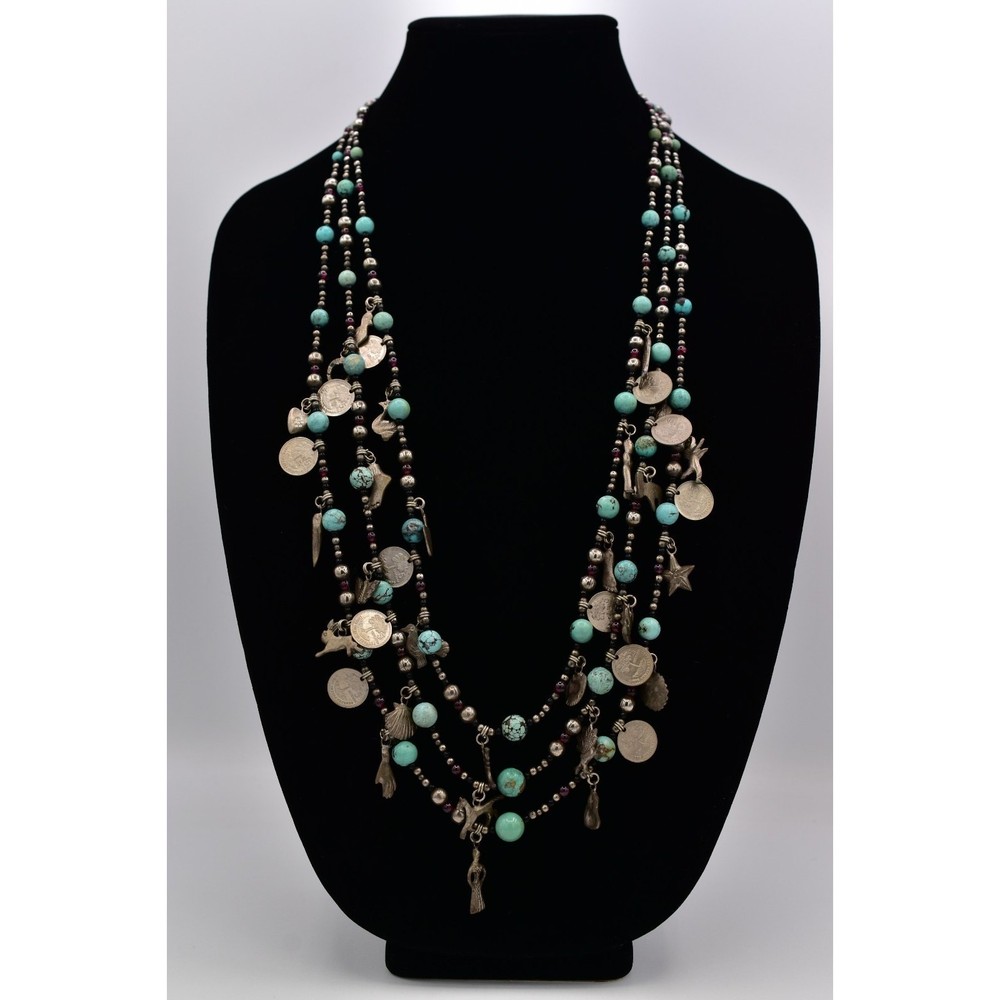 Vintage Beaded Charm Necklace Heavy Layered Turquoise Coin Antiqued Chunky BinBJ