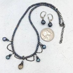 Vintage Freshwater Pearl Necklace Earrings SET Smoky Quartz Drop Gunmetal Chain