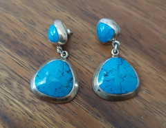 Vtg Mexican Modernist 950 Fine Silver 925 Turquoise Dangle Earrings signed 110