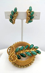 Vintage HOBE Brooch Earrings Set Green Art Glass Gold Mesh Rhinestone