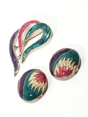 Vintage 1980s Pearlescent Enamel BROOCH EARRING Gold Tone Purple Fushia Teal