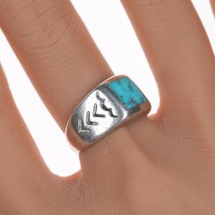 sz8 Vintage Native American sterling silver flush inlay turquoise ring