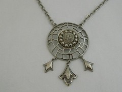 Vintage Lisner Statement Round Dangle Pendant Necklace Open Work Silver Tone