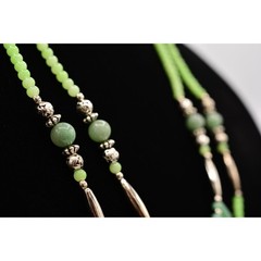 Vintage Green Cabochon Beaded Necklace Green Faux Jade Silver Tone Layered Bin2C