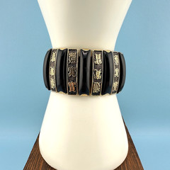 Vintage Bracelet Asian Panel Bar Expandable Stretch Link Gold Tone Black Enamel