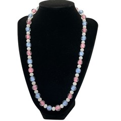 Vintage Art Glass Necklace 22” Pastel Pink Blue White Beads Barrel Clasp