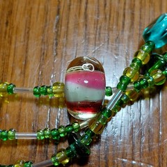 Green glass beaded necklace 3 strand lampwork beads
