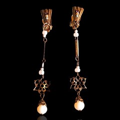 Vtg Atq Gold Gilt Opaline Glass Art Deco Style Clip On Dangle Earrings 3.5in