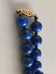 Vintage 19″ Natural Lapis Lazuli Bead Necklace – 14K Gold Clasp – Hand-Knotted