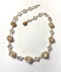 Vintage Vendome Gold Tone Filigree AB Bead Necklace Push Pin Closure 20”