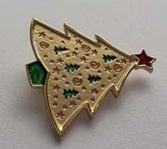 VINTAGE CHRISTMAS TREE PIN BROOCH ENAMEL GOLD EMBOSSED RARE NOVELTY MCM HTF 54