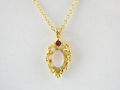 Vintage Goldtone Metal Ruby and Opaline Glass Pendant Necklace 3g 17.75 Inches