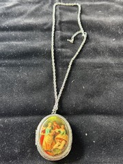 Vintage Silver Tone Enamel Photo Locket Pendant Victorian Lithograph Chain