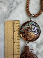 Vintage Cloisonne Enamel Phoenix Bird Pendant Necklace Brown Silk Cord Tassel