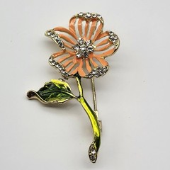Lovely rhinestone enamel brooch pin single stem flower estate boho whimsical