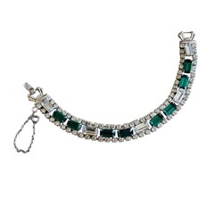 VTG Faux Emerald Rhinestone Bracelet Art Deco Rhodium Plated Elegant Regency 7″