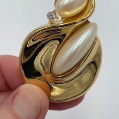 Vintage Signed GIVENCHY Faux Pearl Clear Rhinestone Abstract Goldtone Brooch Pin