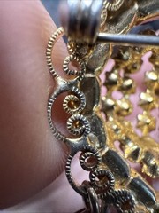 Vintage Gold Tone Red And Pink Dangling Lace Border Brooch