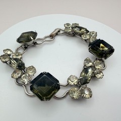 Vintage Silver Tone Chunky Rhinestone Bracelet Gray Emerald Cut Geometric Retro