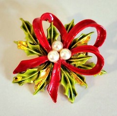 Vintage ART Arthur Pepper Holiday Brooch Spray Greens Fx.Pearls Red Enamel Bow