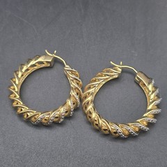 JTV 14K Gold Plated Brass Hoop Earrings Diamon Chip Accents