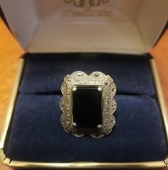 Antique Victorian Mourning Ring, Size 3, Black Onyx Marcasite And Silver