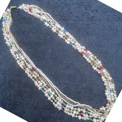 Vtg 7 Strand Necklace Faux Baroque and Seed Pearls Acrylic Gold Tone Accents 25″