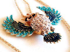 RHINESTONE OWL NECKLACE!Blue Enamel Bird Pendant.Aqua & Clear Crystals.Gold Tone