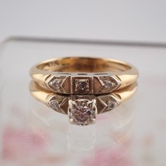 VTG 14k YG .25 Ct Diamond Center Wedding Engagement Size 5.75 Fused Ring Set