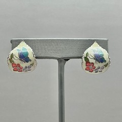 Earrings Womens Silver Tone Vintage Cloisonne Enamel Butterfly Floral 1 Inch