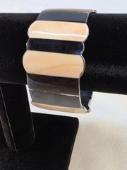 Vintage Cream And Black Metal Bracelet Wide Bangle Y2k Scalloped Edge Evening