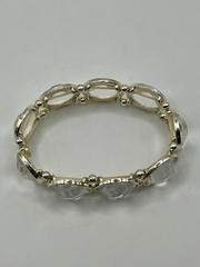 Vintage Silver Tone Large Clear Lucite Faceted Beads Stretch Cuff Bracelet 3”