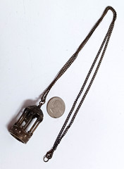 Brass Tone Bird in Cage Pendant Necklace 32″ Chain Vintage Style