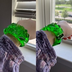 Vintage Chunky Daisy Carved Green Apple Juice Prystal Bakelite Clamper Bracelet