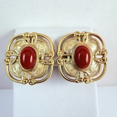 Vintage MONET Red Cabochon Enameled Matte Gold Tone Clip on Earrings