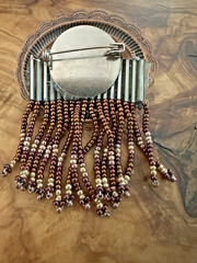 Artisan Red Oval Cabochon Brooch – Copper Tone Beaded Fringe Southwest Boho Pin